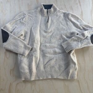 L.L. Bean Sweater Mens XL White 1/4 Zip Mock Neck Wool Elbow Patch Knit Pullover